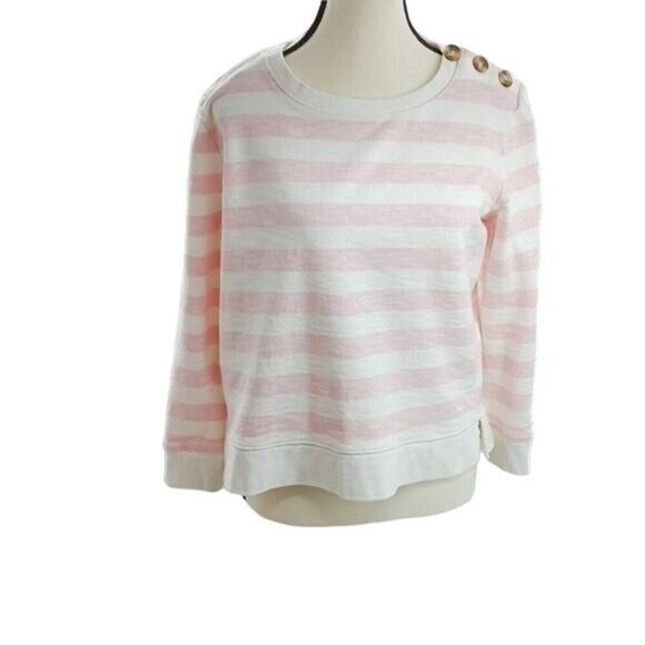 Talbots Womens Medium Sweater Pink White Stripe Button Shoulder Pullover Top - Picture 1 of 7